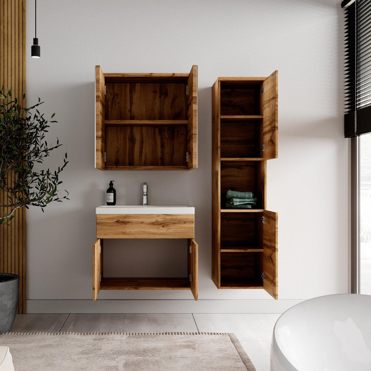 BADMÖBEL-SET Montreal 4 Teile Spiegelschrank Eiche - 60 x 35 x 51 cm - Chromfarben/Eiche Wotan, Holz/Metall (60/51/35cm) - Badplaats