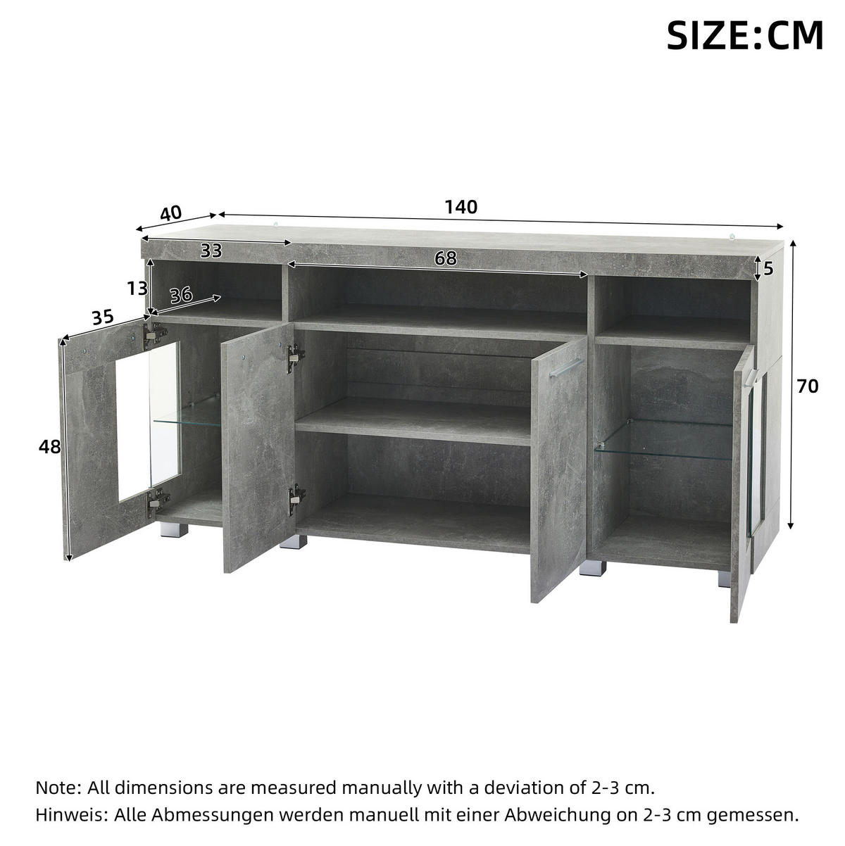 SIDEBOARD aus MDF 140x40x70 cm Zementgrau mit LED-Beleuchtung, Glastüren und Stauraum - Grau, Holzwerkstoff (140/70/40cm) - IVMEU