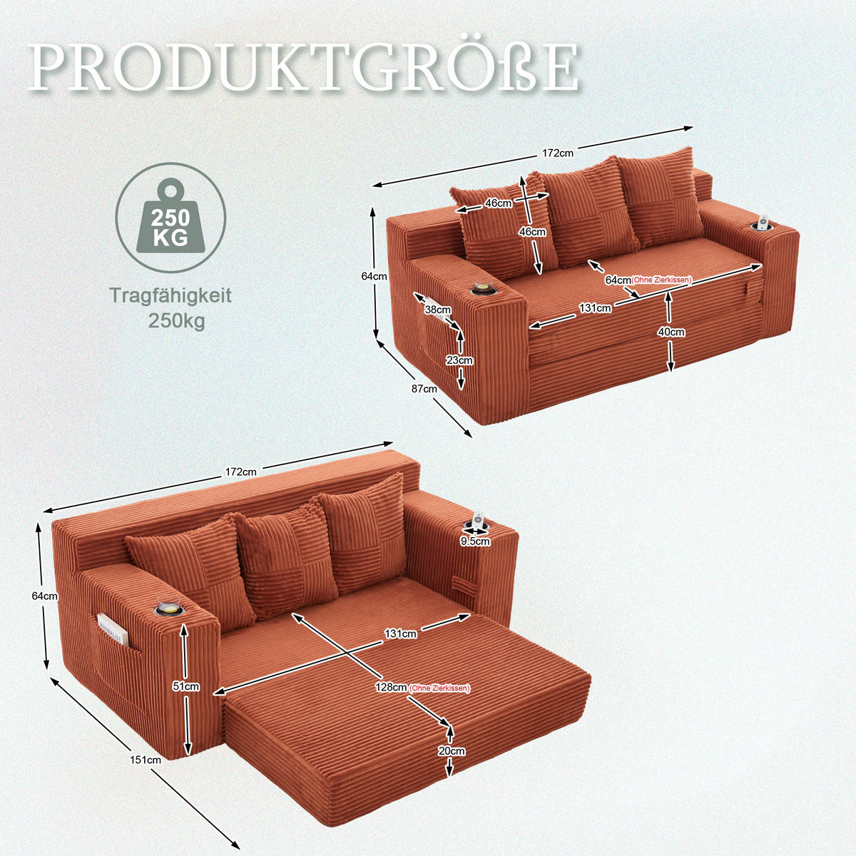 2-SITZER Bodensofa ausklappbar, Getränkehalter/Seitentaschen, Cord, Orange - Orange, Textil (172/64/87cm) - LVHOM