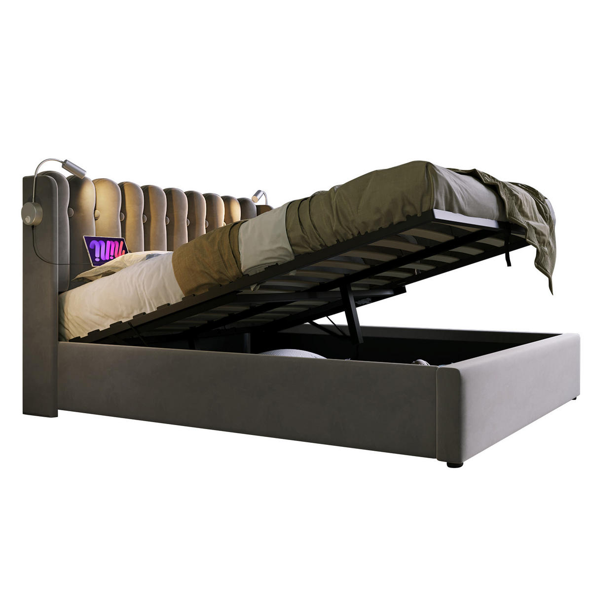 ČALOUNĚNÁ postel 160/200 cm ze sametu šedá s LED čtecím světlem a USB nabíjením - šedá, textil (160/200cm) - BEAOK