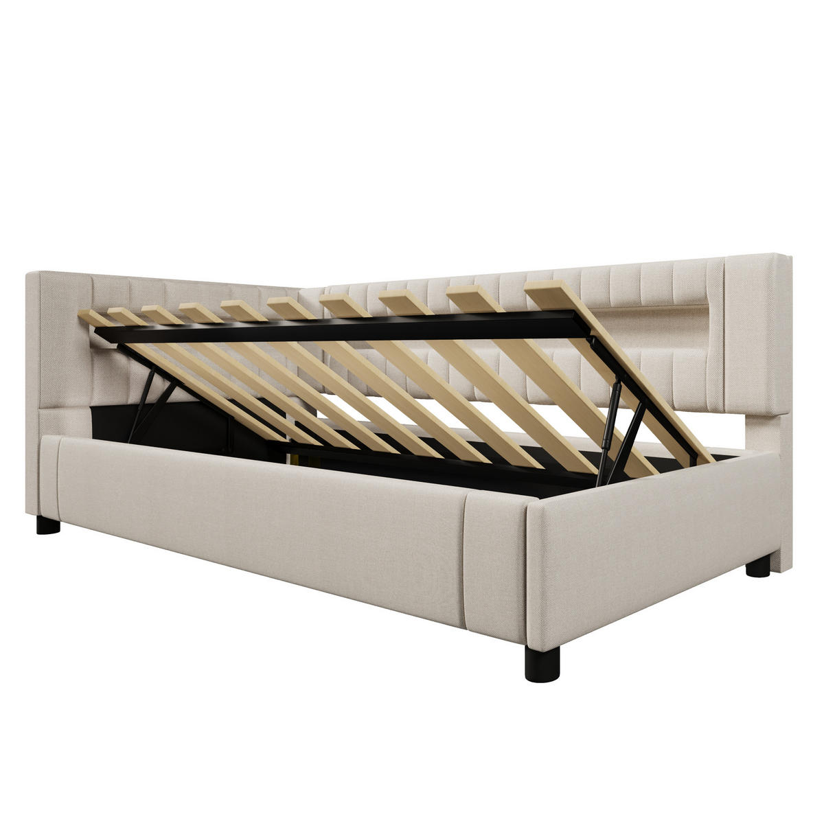 POLSTERBETT aus Leinen 90x200 cm in Beige mit LED & hydraulischem Stauraum - Beige, Textil (90/200cm) - Modfu