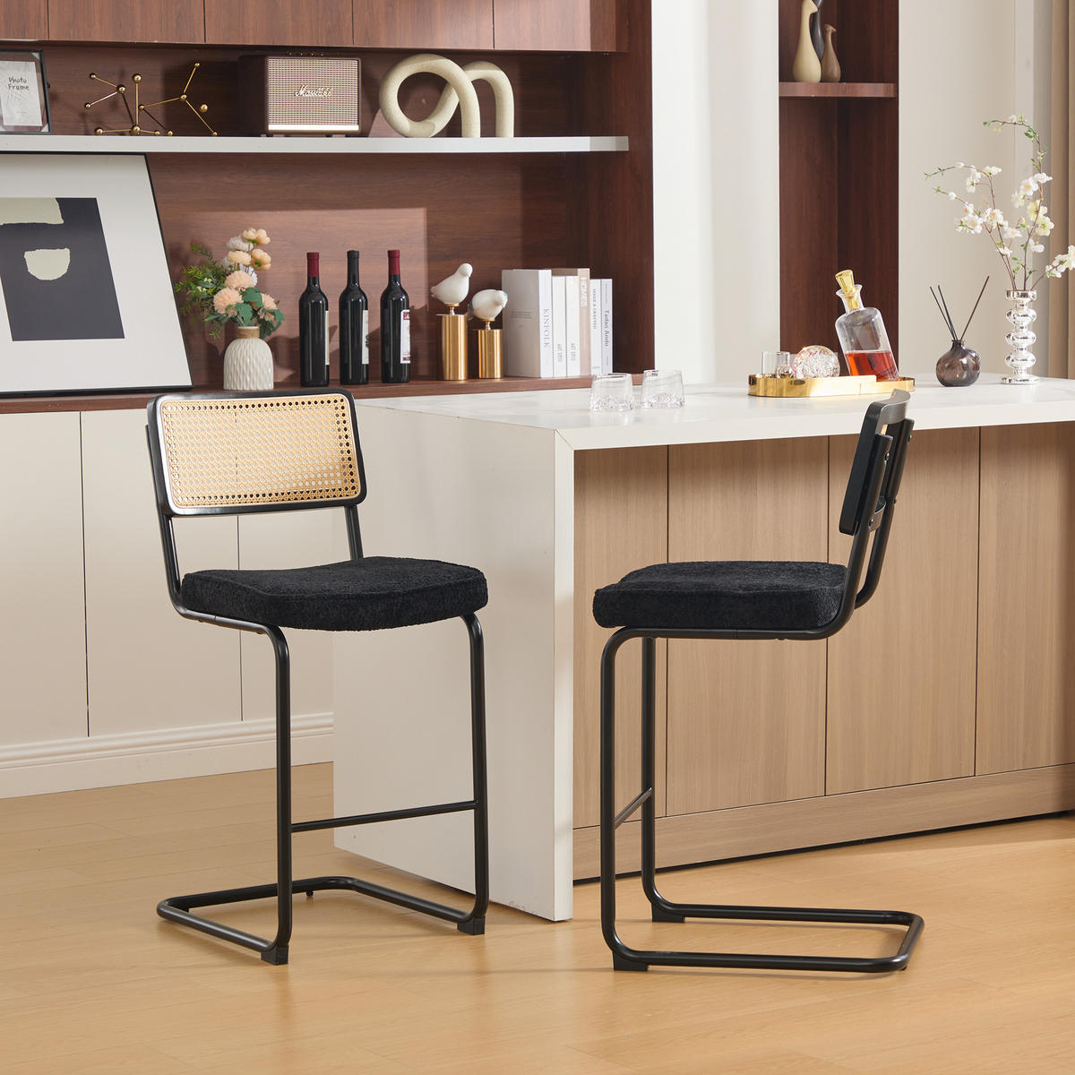 BARHOCKER DE-36899 2er-Set mit Holzrahmen und Rattan-Optik Schwarz - Schwarz, Metall (53.5/98/47cm) - ComfortXL