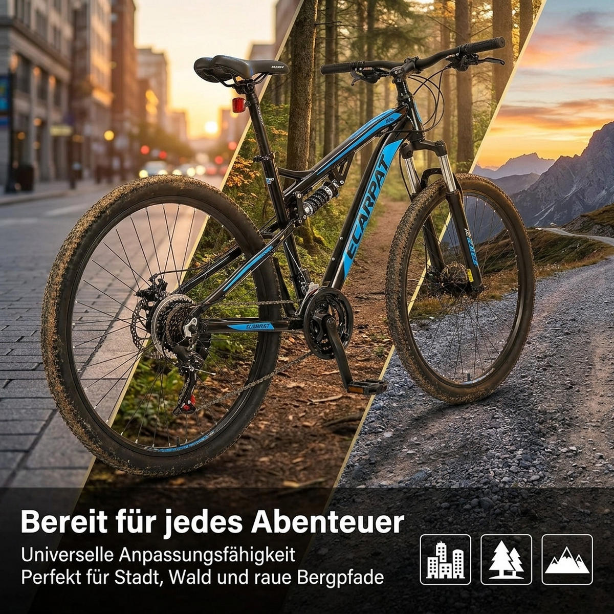 MOUNTAINBIKE 26 Zoll Schwarz + Blau, 21-Gang-Schaltung, Doppel-Scheibenbremsen, Carbonstahl - Blau, Metall (20cm) - Oxeza