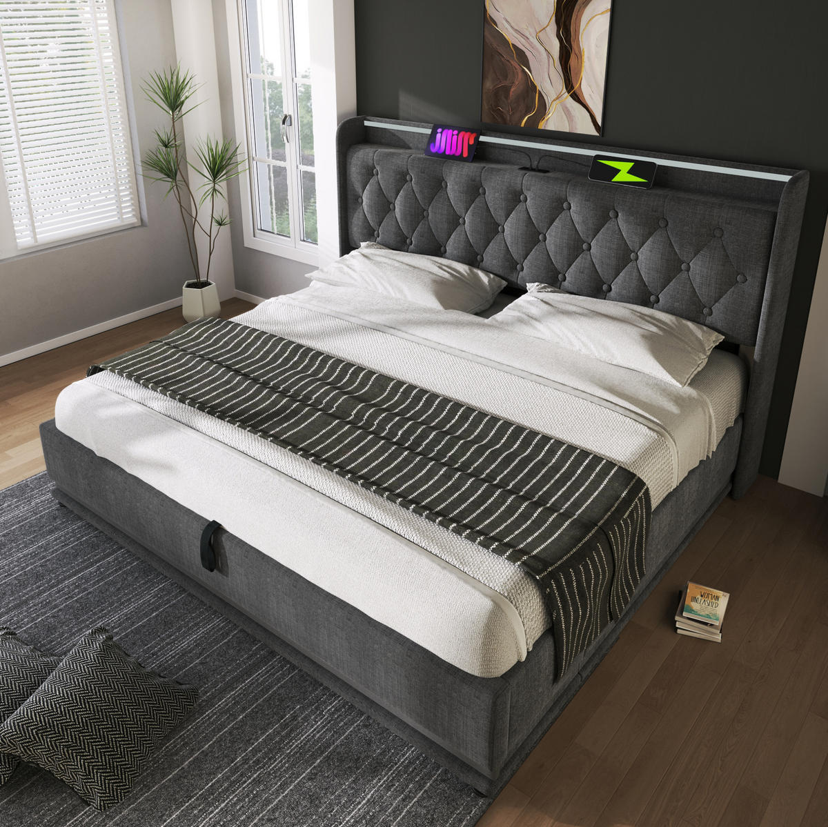 POLSTERBETT mit LED und Stauraum 180x200 cm Leinen Grau - Dunkelgrau, Metall (180/200cm) - Meubliv