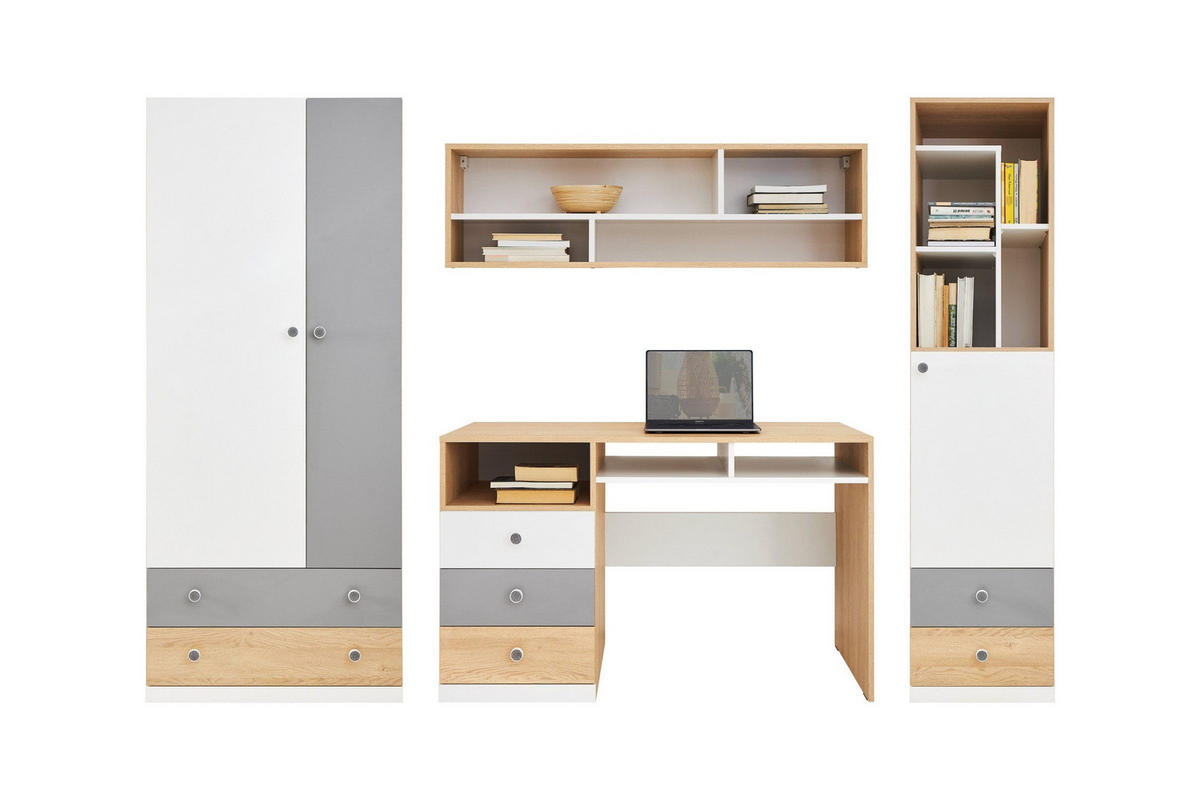 JUGENDZIMMER-SET POKO B 4-teilig in Biskuiteiche / Weiß Lux / Grau - Eichefarben/Weiß, Holzwerkstoff (250/190/55cm) - Deine Möbel 24