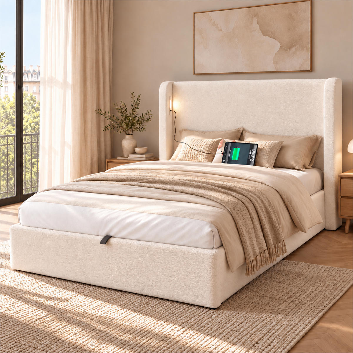 POLSTERBETT 90x200cm, Beige, Bouclé, Stauraum - Beige, Textil (90/200cm) - FLIEKS
