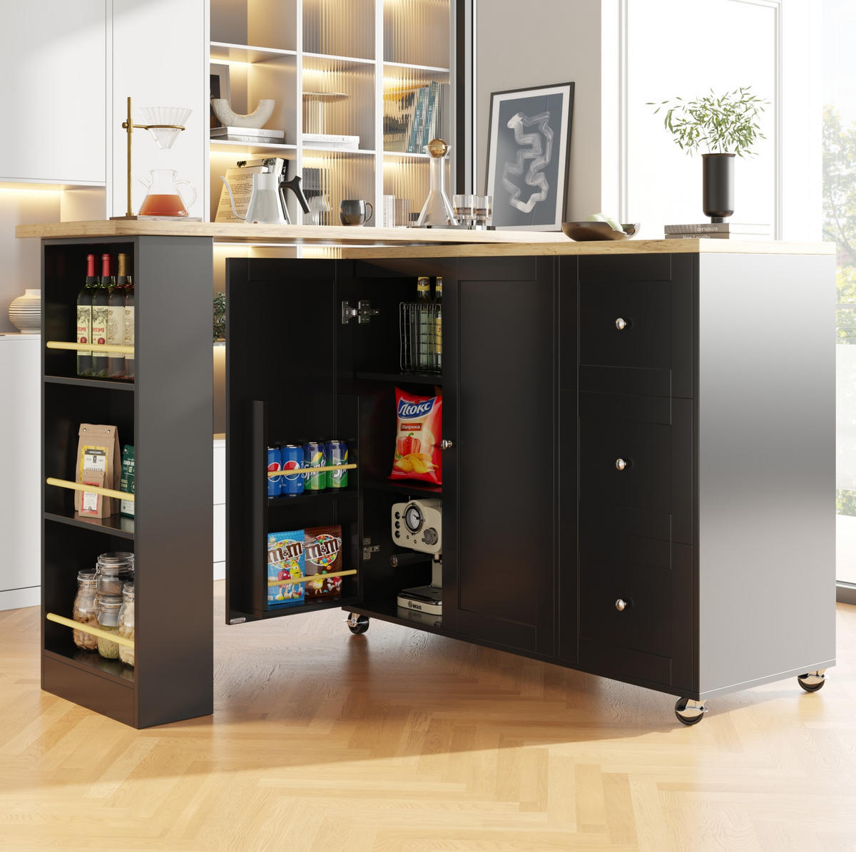 BARTISCHSCHRANK 360° drehbar auf Rollen 203 x 39 x 106 cm Schwarz - Schwarz, Holz (39/106/203cm) - Beauniv