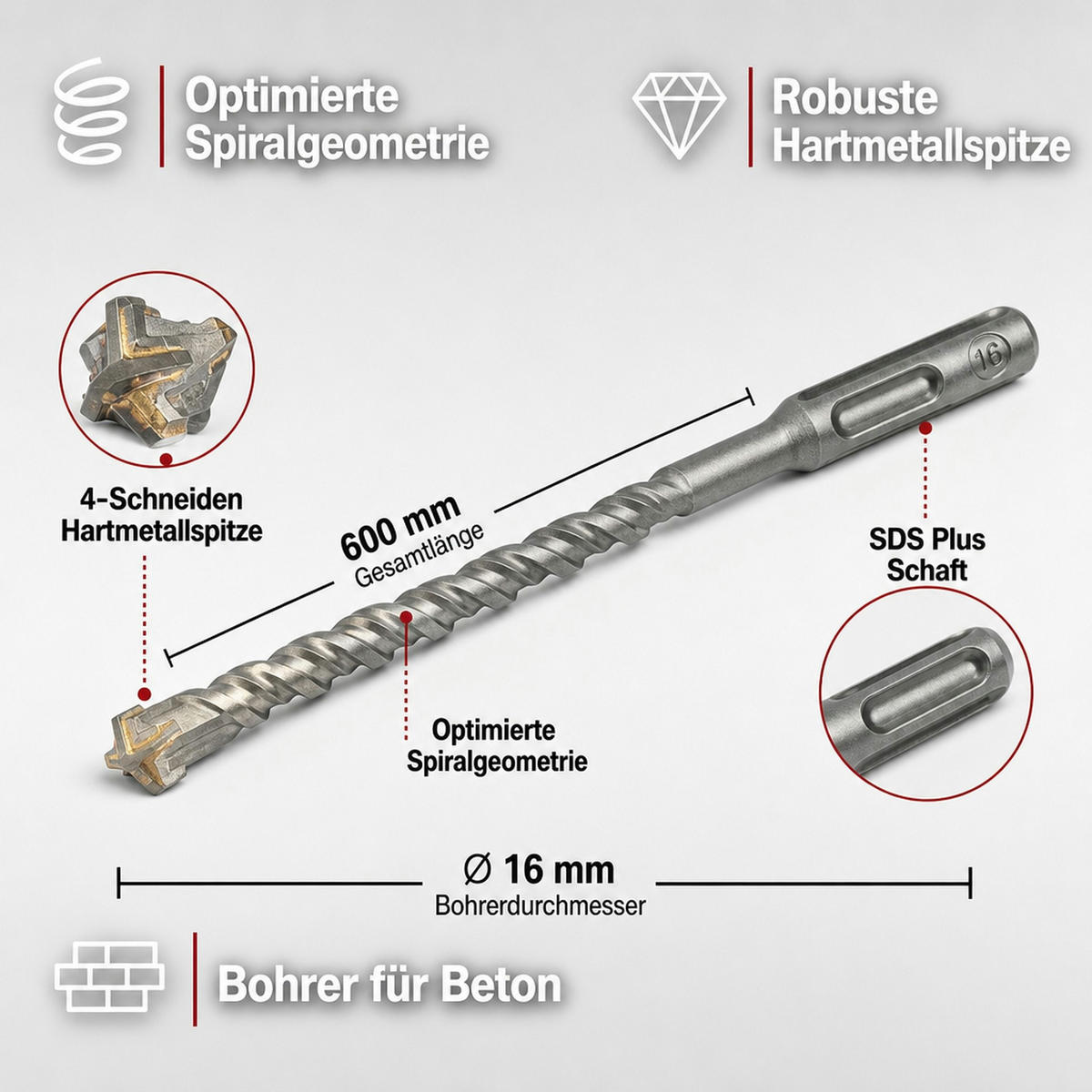 HAMMERBOHRER SDS Plus - Edelstahlfarben, Metall (1.6/1.6/60cm) - KLASEBO