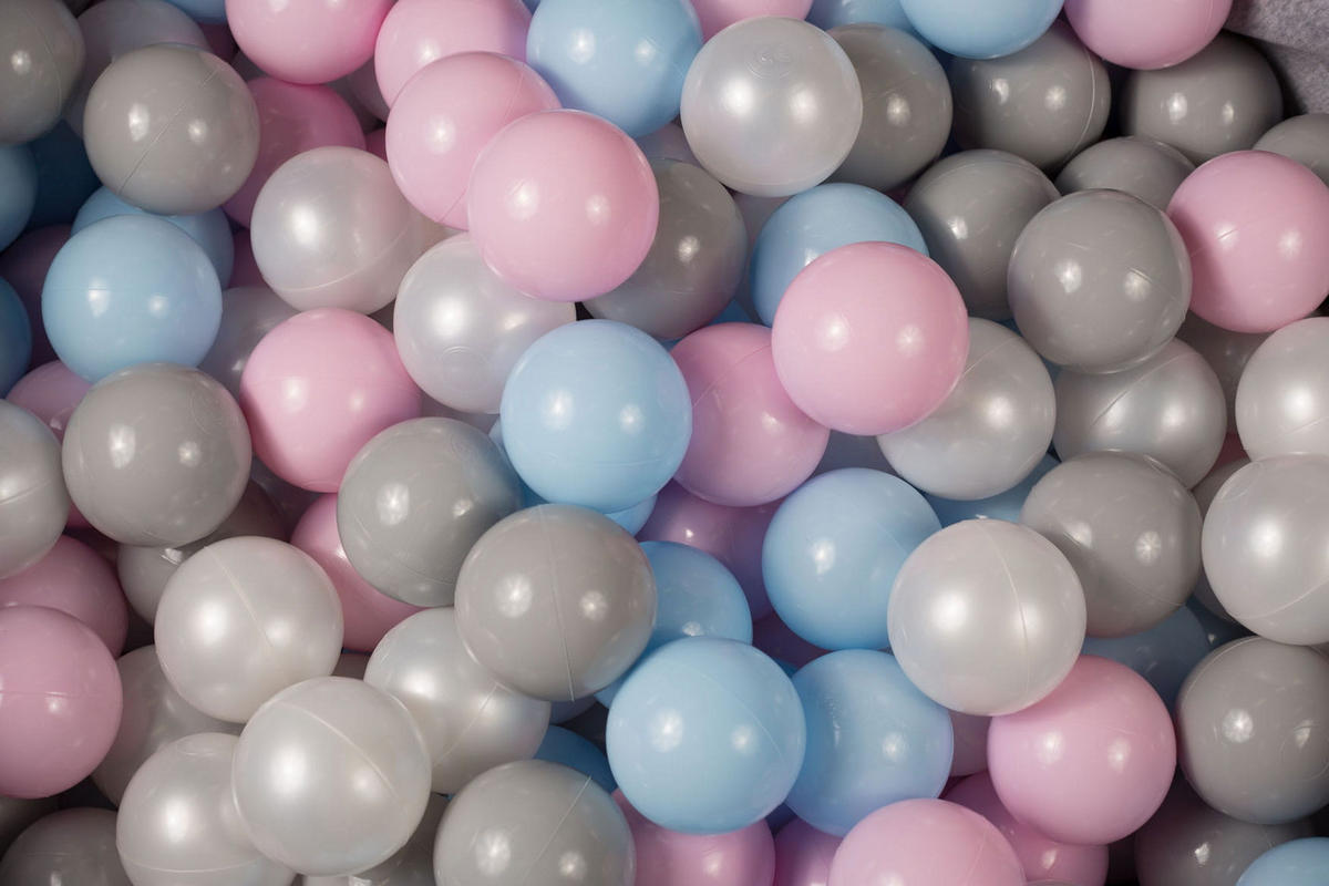 BÄLLE für Bällebad, Spielbälle, Plastikbälle für Kinder Set 50 pcs.: Himmelblau/Rosa/Perlweiß/Grau - Greige, Textil (7/7/7cm) - MeowBaby