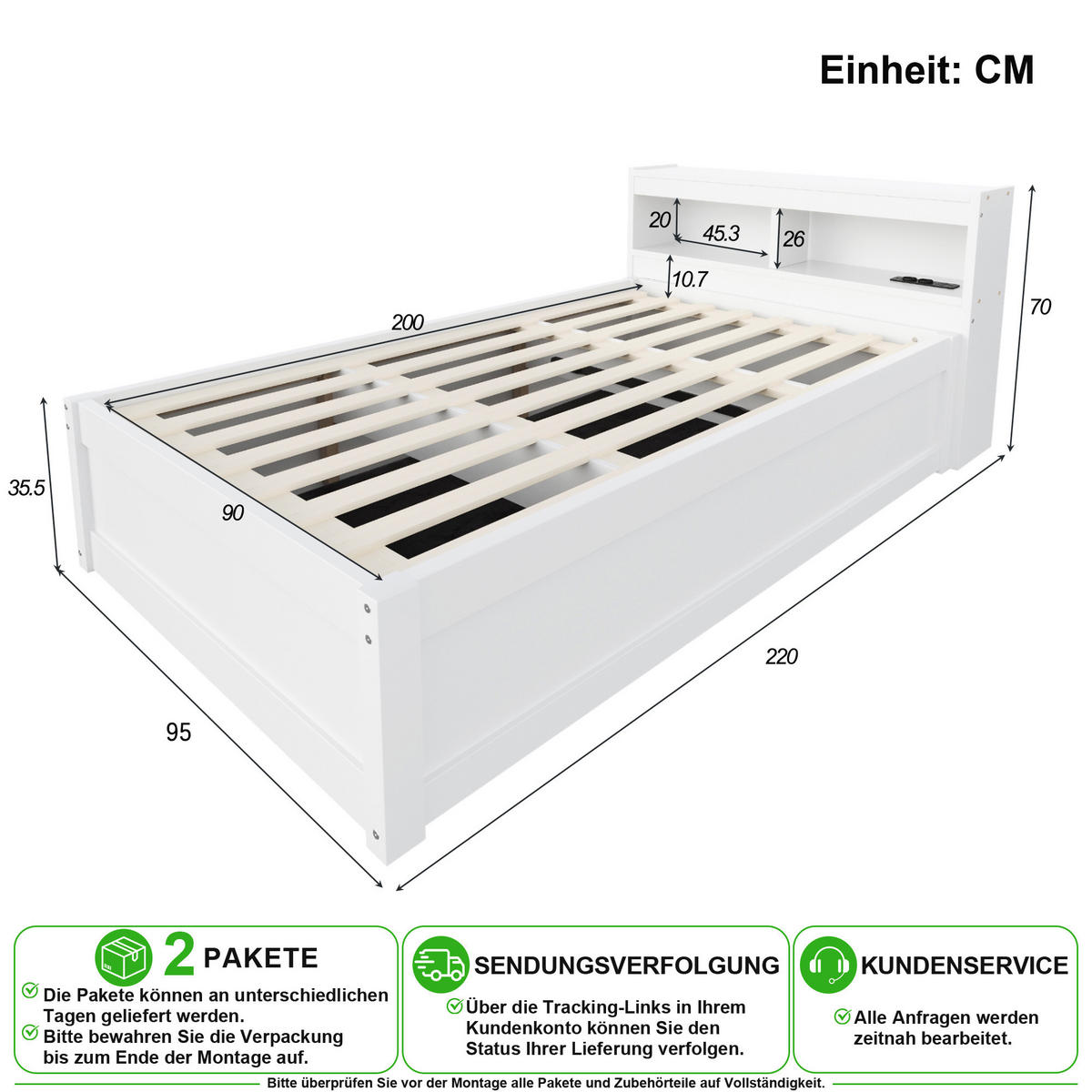 BETT 90/200 cm in Weiß mit LED, Stauraum und Steckdose - Weiß, Holz/Holzwerkstoff (90/200cm) - CHICFURN