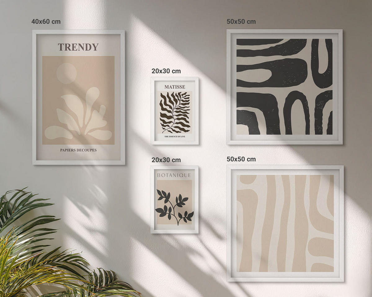 WANDBILDER 5er-Set - 50x50 cm & 20x30 cm & 40x60 cm Weißer Rahmen - Stilvolle Pflanzenmuster in Beige und Schwarz - Weiß, Kunststoff (40/60cm) - ArtPrintCave