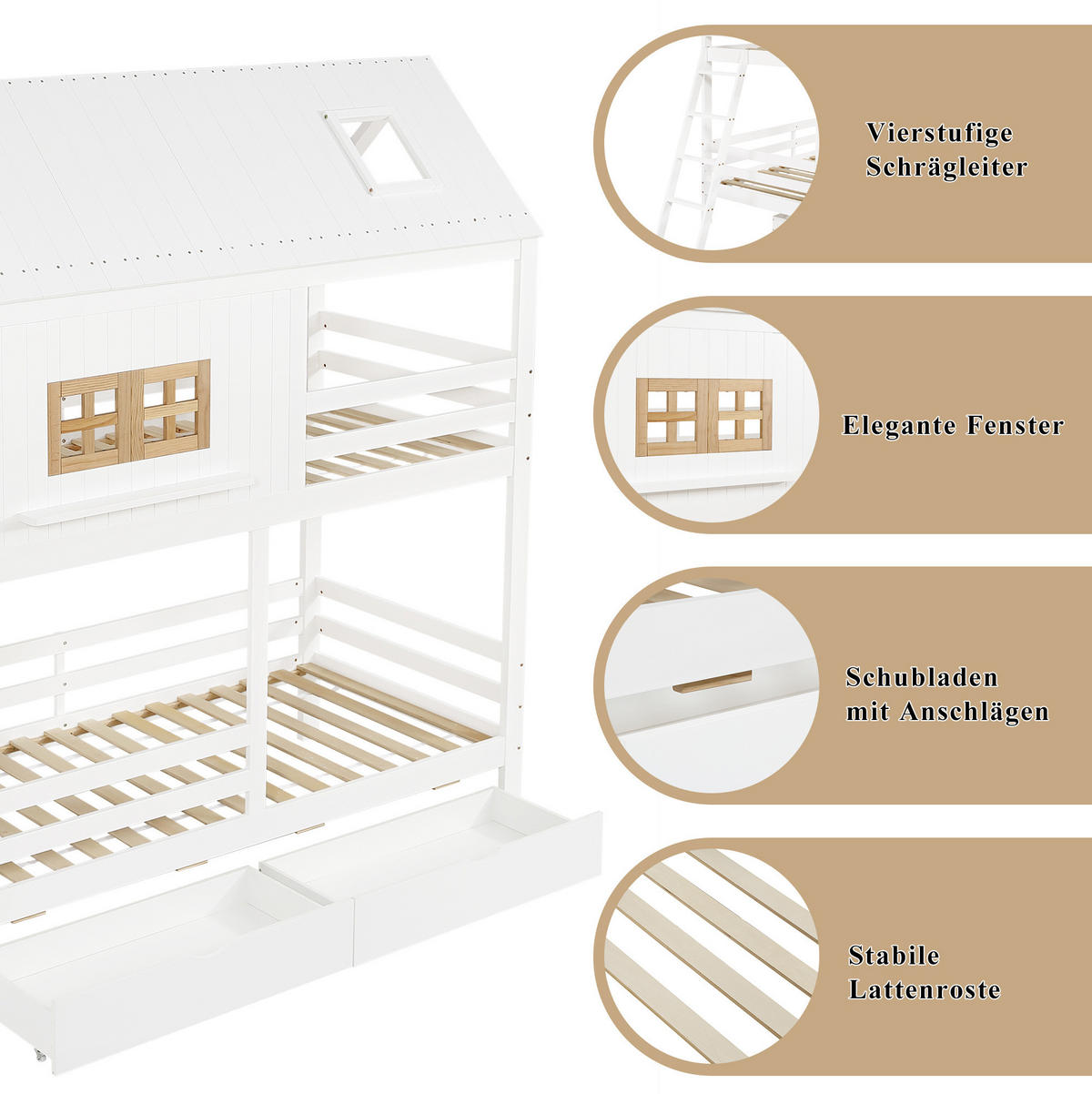 ETAGENBETT 90/200 cm aus Kiefer und MDF mit Dach, Fenstern, Leiter und 2 Schubladen, Weiß/Natur - Weiß, Holz (90/200cm) - Redom