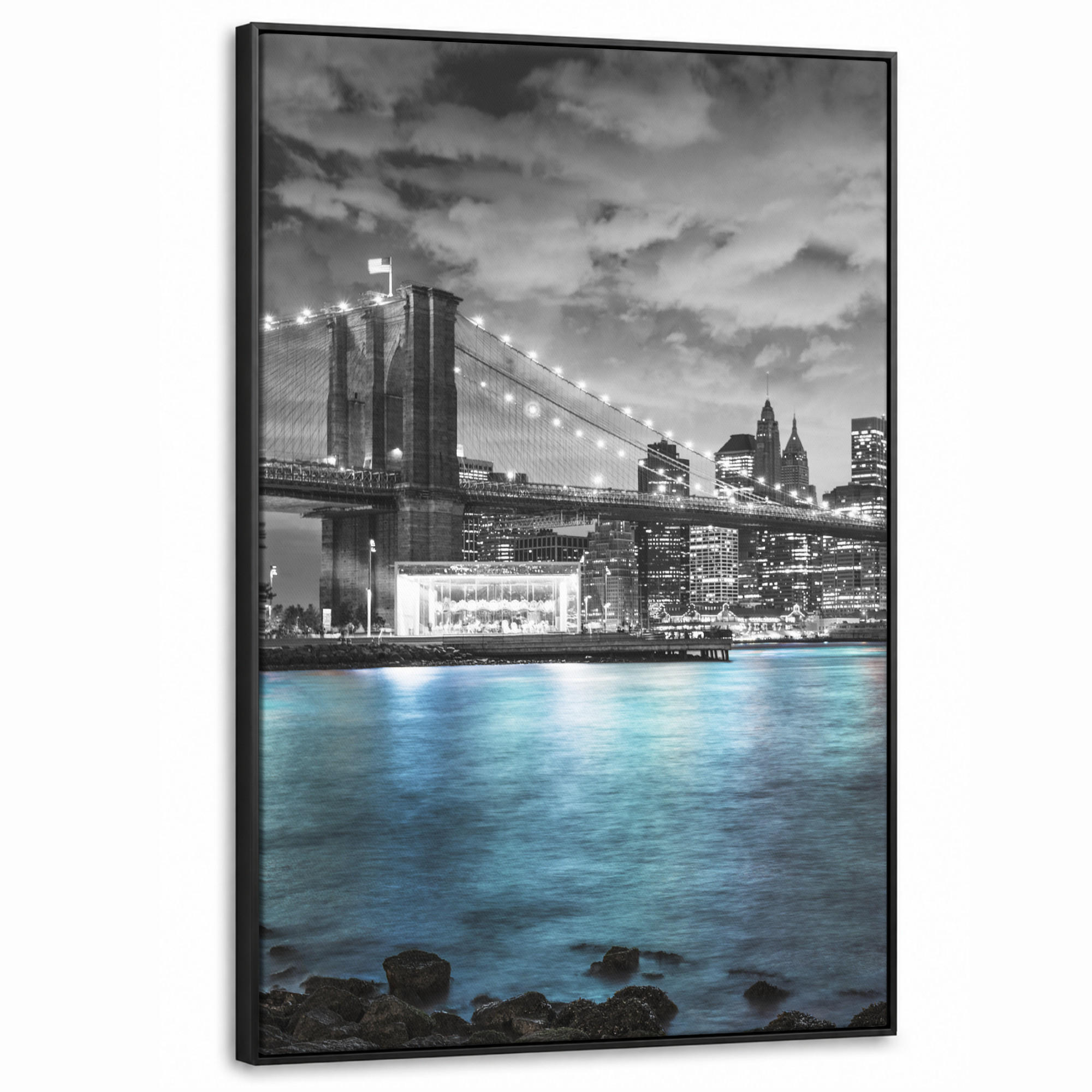 LEINWAND Bilder mit Rahmen - New York - Skyline - Stadt - Blau - 80x120 - Blaugrau, Textil (80/120cm) - MuchoWow