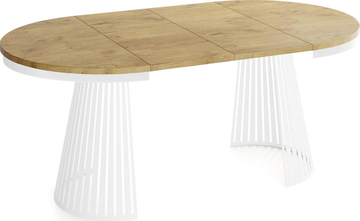 ESSTISCH Naro rund ausziehbar mit Weißem Lamellen-Metallgestell, Braun 120-200/120/76 cm - Eichefarben/Braun, Holzwerkstoff/Metall (120/196/76cm) - WFL GROUP
