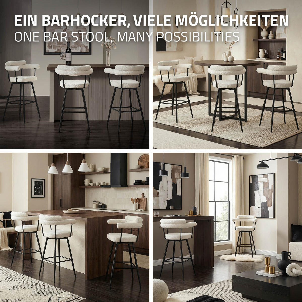 BAROVÉ STOLIČKY sada 2 ks otočné béžové s plyšovým potahem, výška 76 cm - černá/béžová, kov/textil (61/103/55cm) - ML-DESIGN