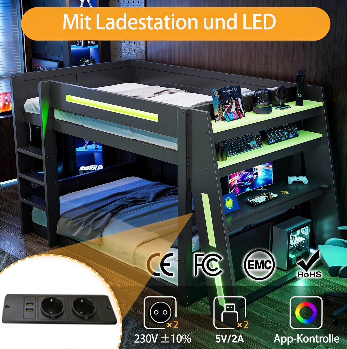 ETAGENBETT 140/200 cm aus MDF und Kiefer mit Schreibtisch, USB, LED und Ablagen, Schwarz/Grün - Schwarz, Holzwerkstoff (140/200cm) - Redom