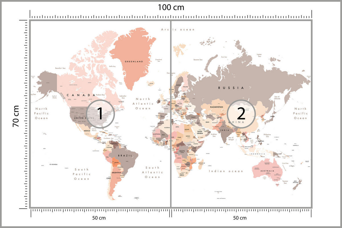 FOTOTAPETE für Büro Pastell Weltkarte Kontinente Ozean Länder 100x70 - Beige/Schwarz, Papier (100/70cm) - Muralo
