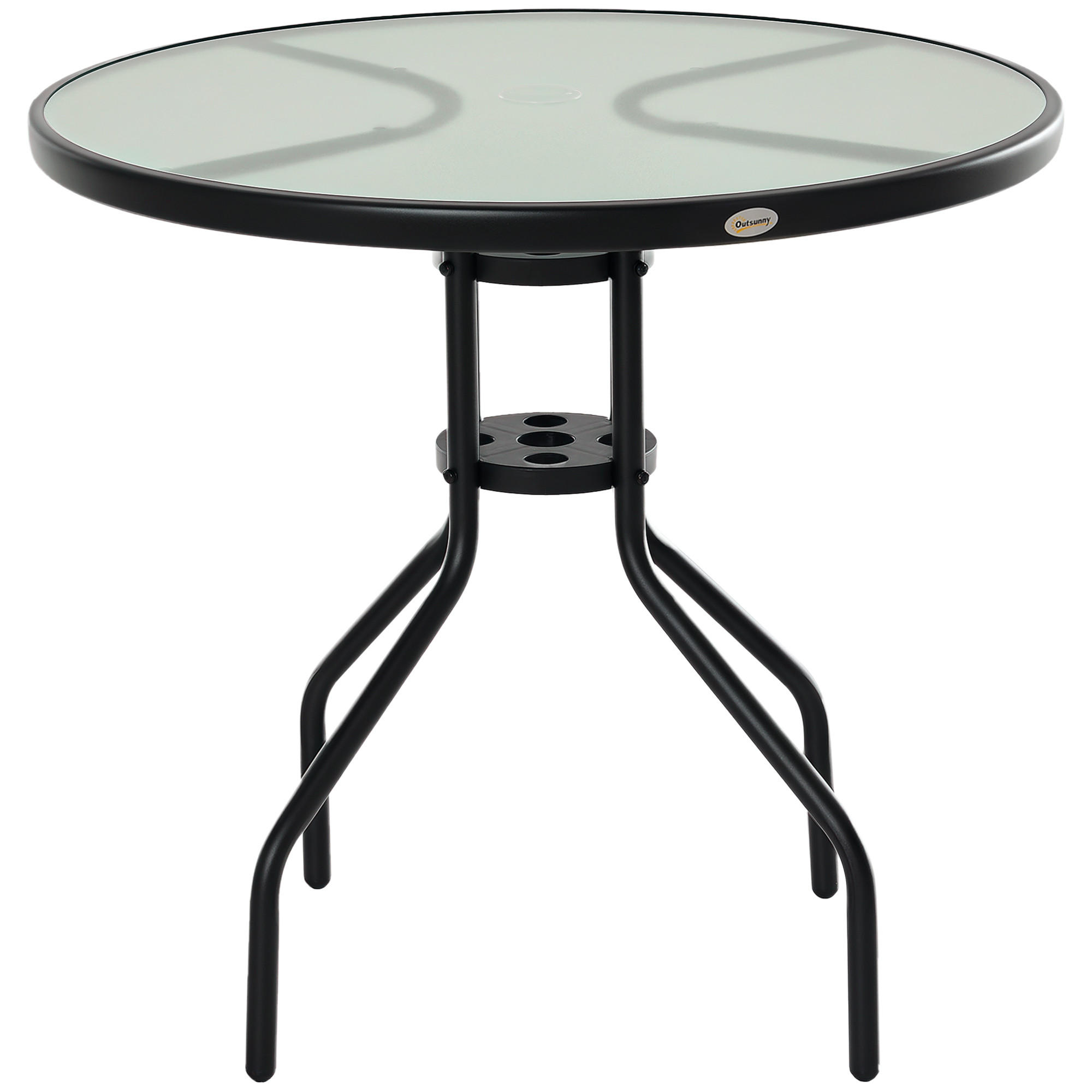 GARTENTISCH DE-07289 rund mit Schirmloch und Hartglas Schwarz - Schwarz, Glas/Metall (80/80/72cm) - ComfortXL
