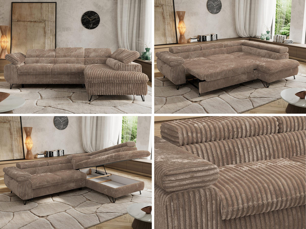 ECKSOFA PABLO L Braun Cord - Rechts Seite mit Visco Topper - Schwarz/Braun, Textil/Metall (273/208cm) - MKS