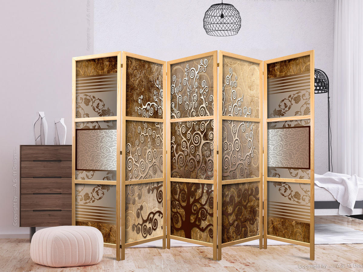 PARAVENT Japanischer 5-tlg 225x172 cm Abstrakter Baum Retro - Braun, Holz/Textil (225/172/3cm) - Muralo