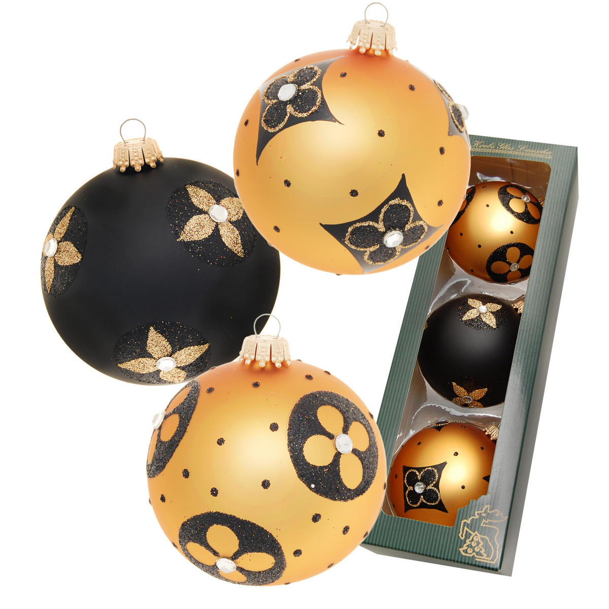 CHRISTBAUMKUGELN Blumen mit Strasssteinen Goldfarbig 8cm (Glas / 3 Stk.) - Goldfarben, Glas (7/8/7cm) - Krebs Glas Lauscha