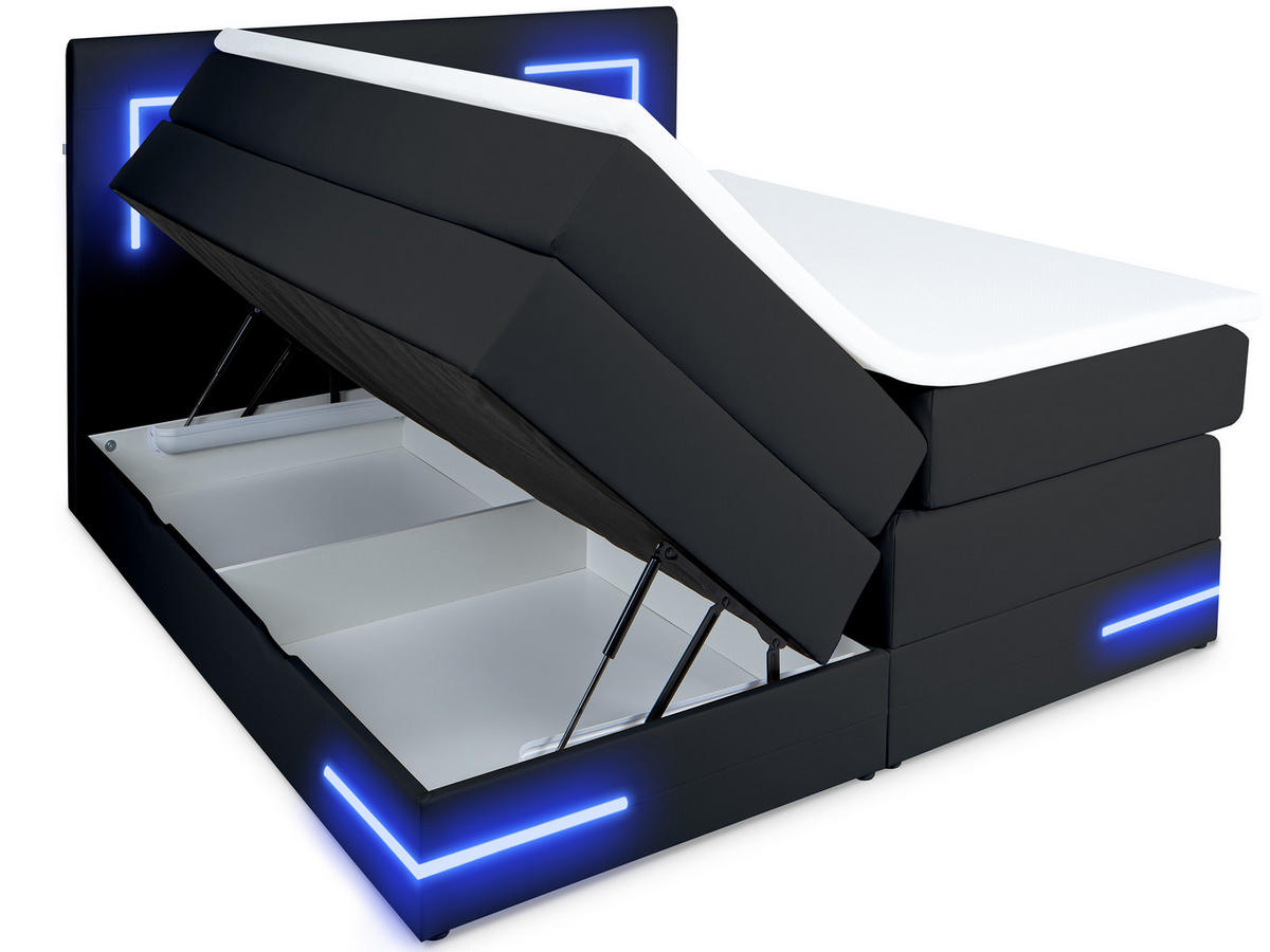 BOXSPRINGBETT Lights 2.0 Schwarz 180/200 cm H2/H3 Kunstleder - Schwarz, Textil (180/200cm) - wonello
