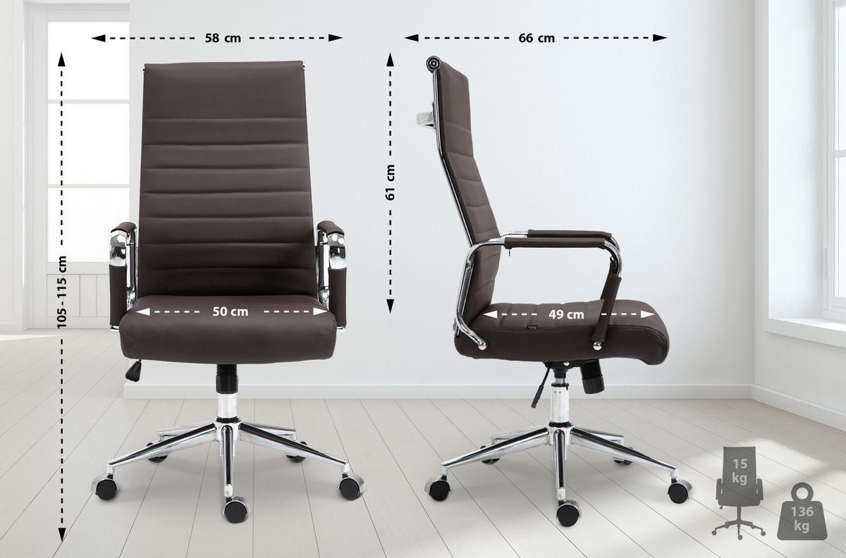 KONTORSSTOL Kolumbus äkta läder - Kromfärg/Brun, Läder/Metall (58/105/66cm) - CLP