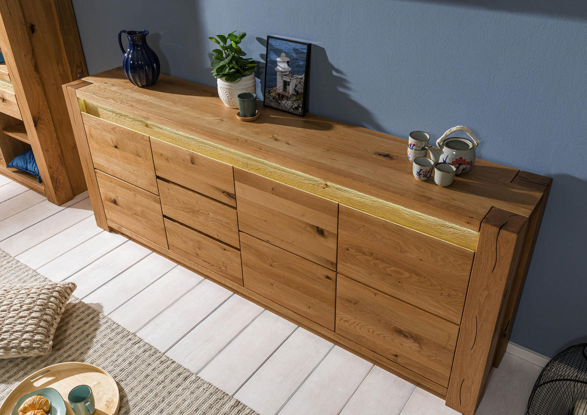 SIDEBOARD Wildeiche 223x40x85 braun geölt KENT #331 - Braun, Holz (223/85/40cm) - Massivmoebel24