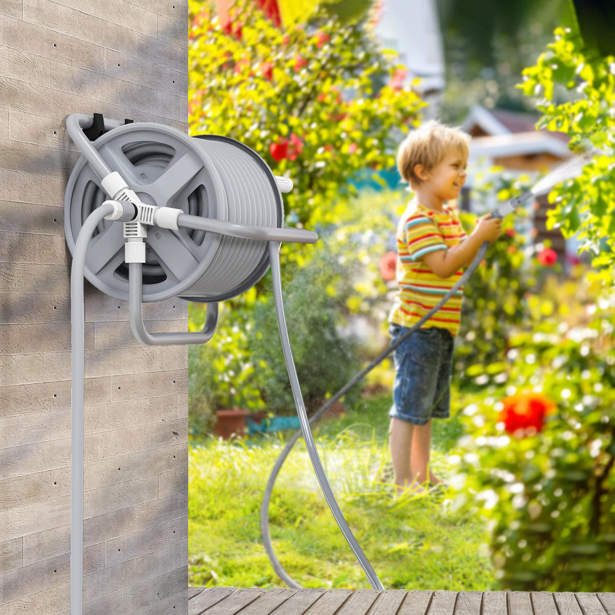 SCHLAUCHAUFROLLER 22m DE-13773 mit verstellbarer Sprühdüse - Grau, Kunststoff (26/33/44cm) - ComfortXL