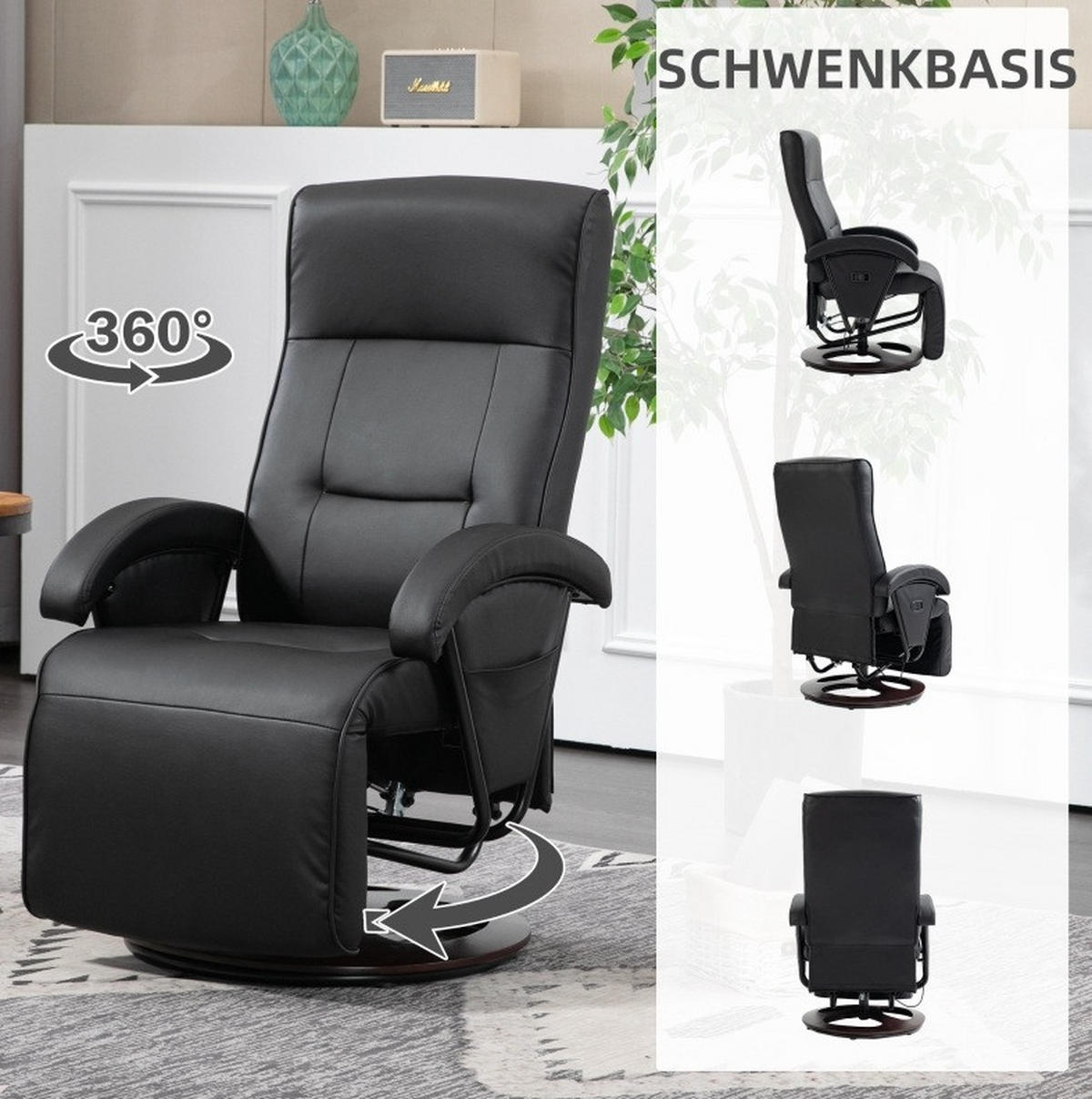 RELAXSESSEL in Schwarz 66x86x107 cm mit Fußstütze, 360° drehbar und bis 135° neigbar - Schwarz, Kunststoff (86/107/66cm) - IVMEU