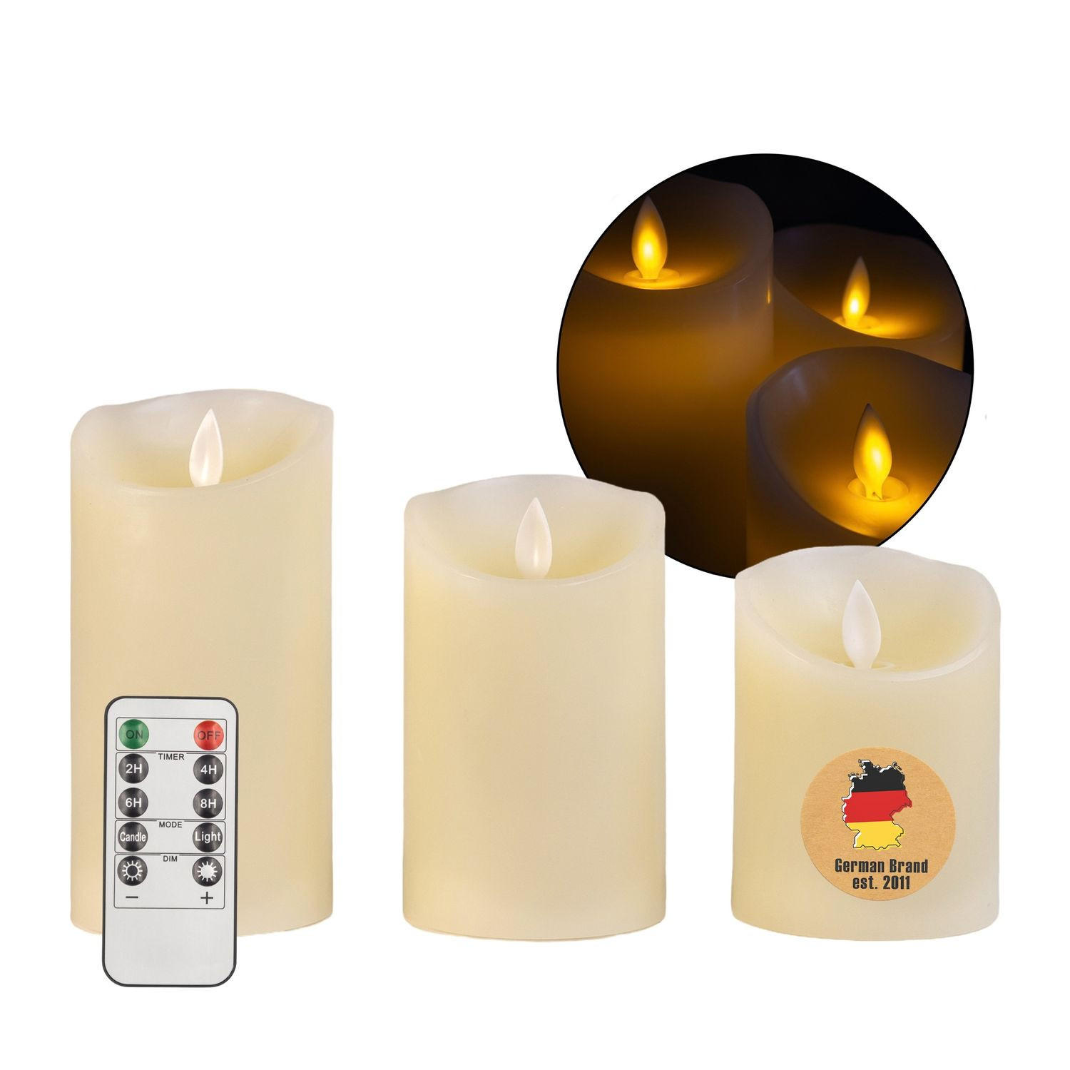 LED KERZEN (3er-Set) - Weiß, Naturmaterialien (8/8/15cm) - Intirilife
