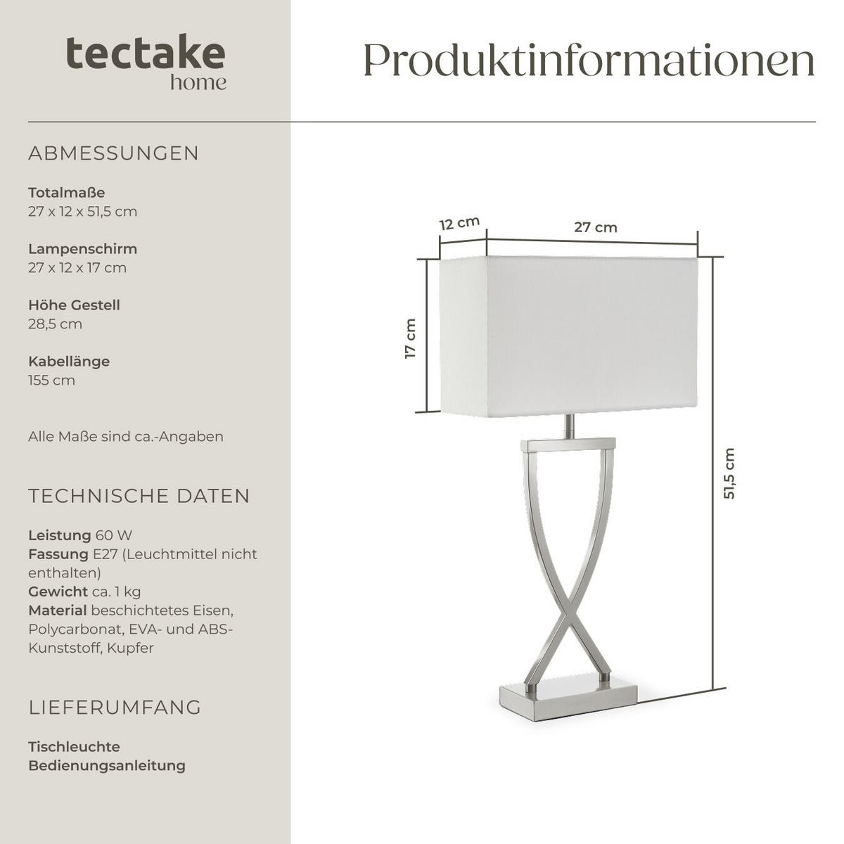 TISCHLEUCHTE Avina,27 x 12 x 51,5 cm,nickelfarben - Nickelfarben, Metall (12/27/51.5cm) - tectake