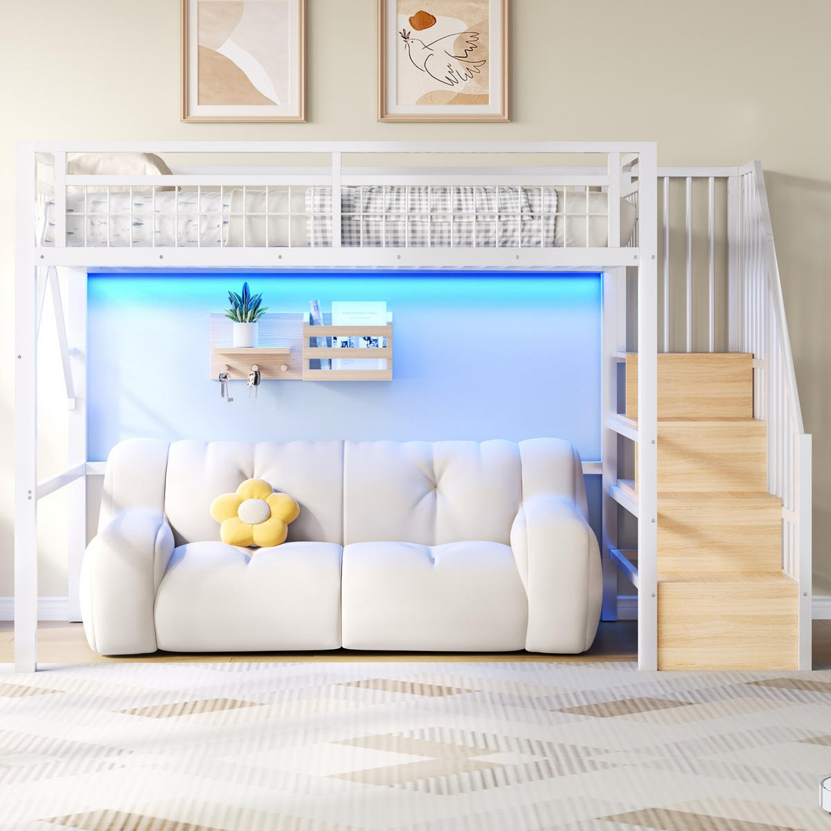 HOCHBETT 90/200 cm in Weiß mit Stauraumtreppe und LED - Weiß, Holzwerkstoff/Metall (90/200cm) - STILVORA