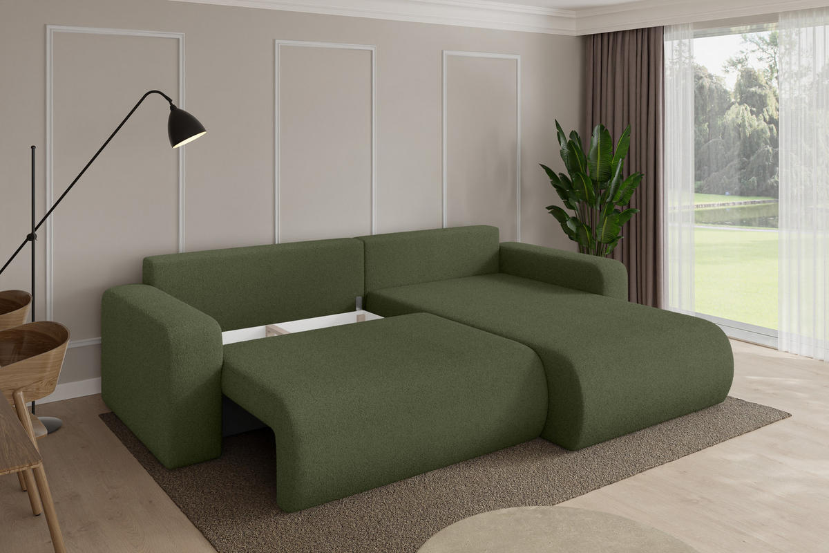ROHOVÁ SEDAČKA s funkcí spaní, otoman vpravo BERY-L 276x193x88 zelená bouclé - černá/zelená barva, kompozitní dřevo/textil (276/193cm) - ALTDECOR