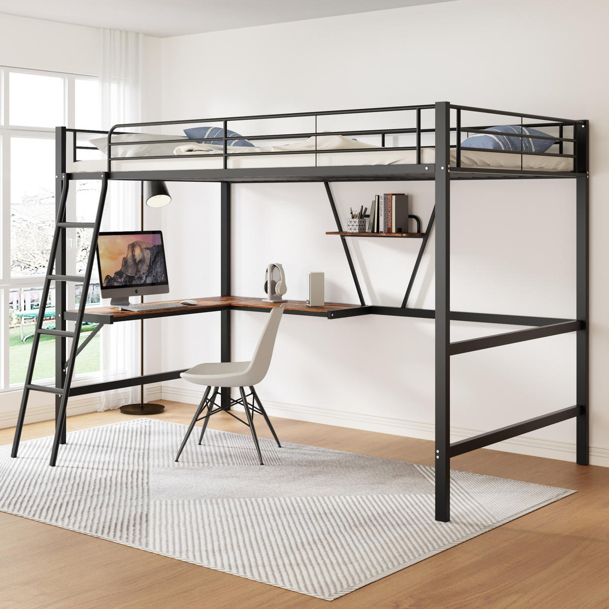 HOCHBETT 90/200 cm Schwarz aus Metall mit L-förmigem Schreibtisch und Regal - Schwarz, Metall (90/200cm) - OKMYHOME