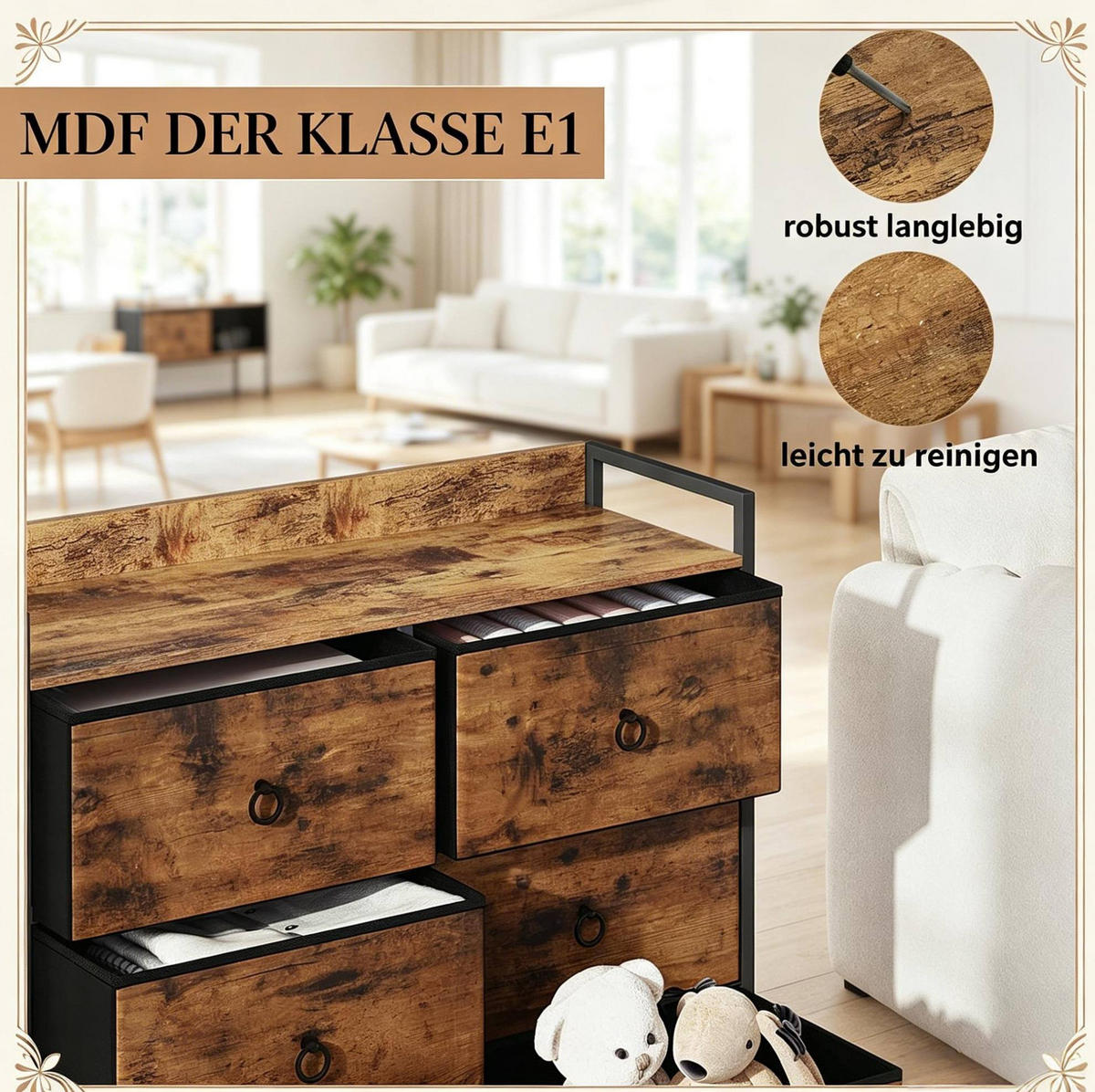 KOMMODE mit 6 Stoffschubladen in Rustikal Braun und Schwarz 80x29x78 cm - Schwarz, Holz (29/78/80cm) - IVMEU