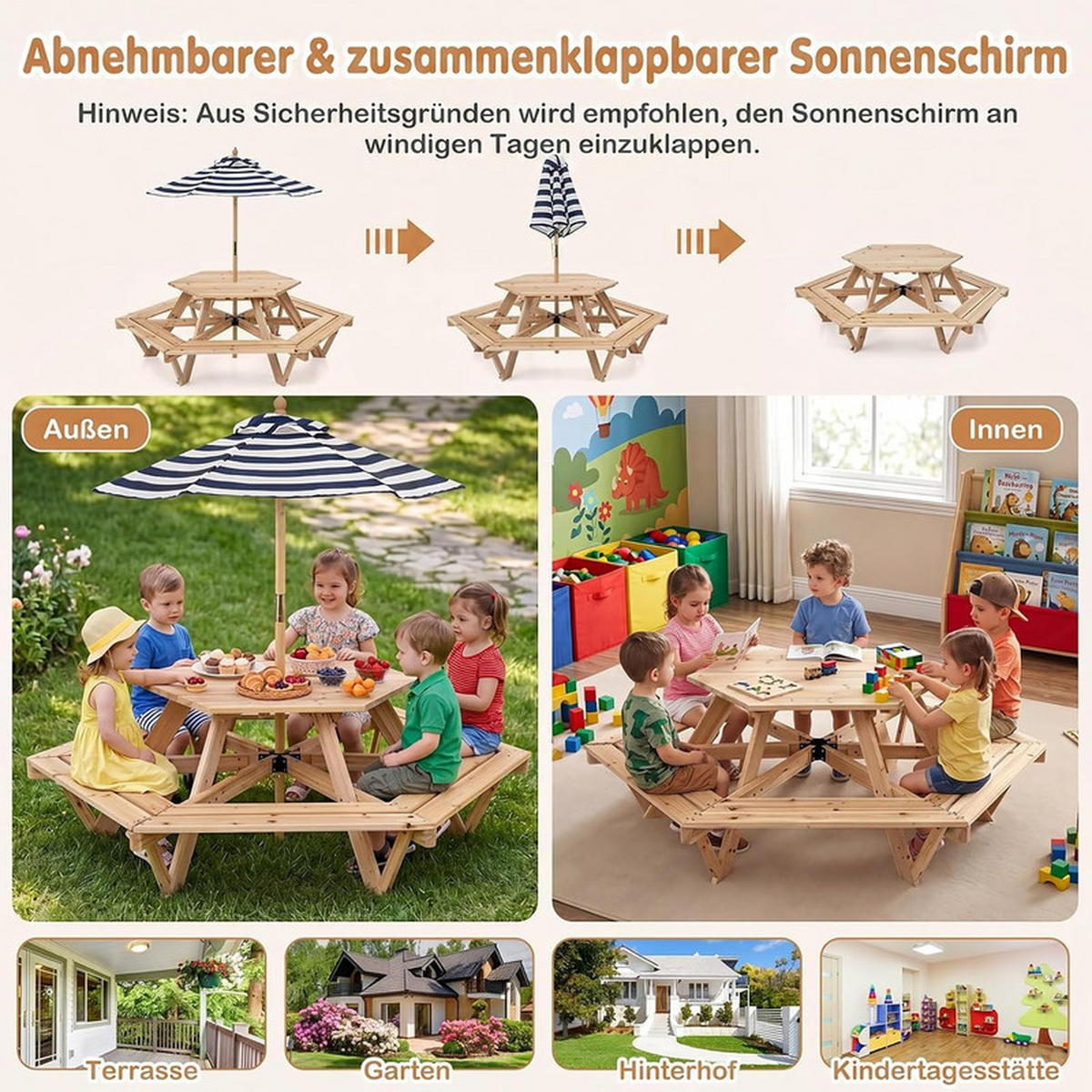 KINDER OUTDOOR-SITZGRUPPE mit Sonnenschirm natur - Naturfarben, Holz - COSTWAY