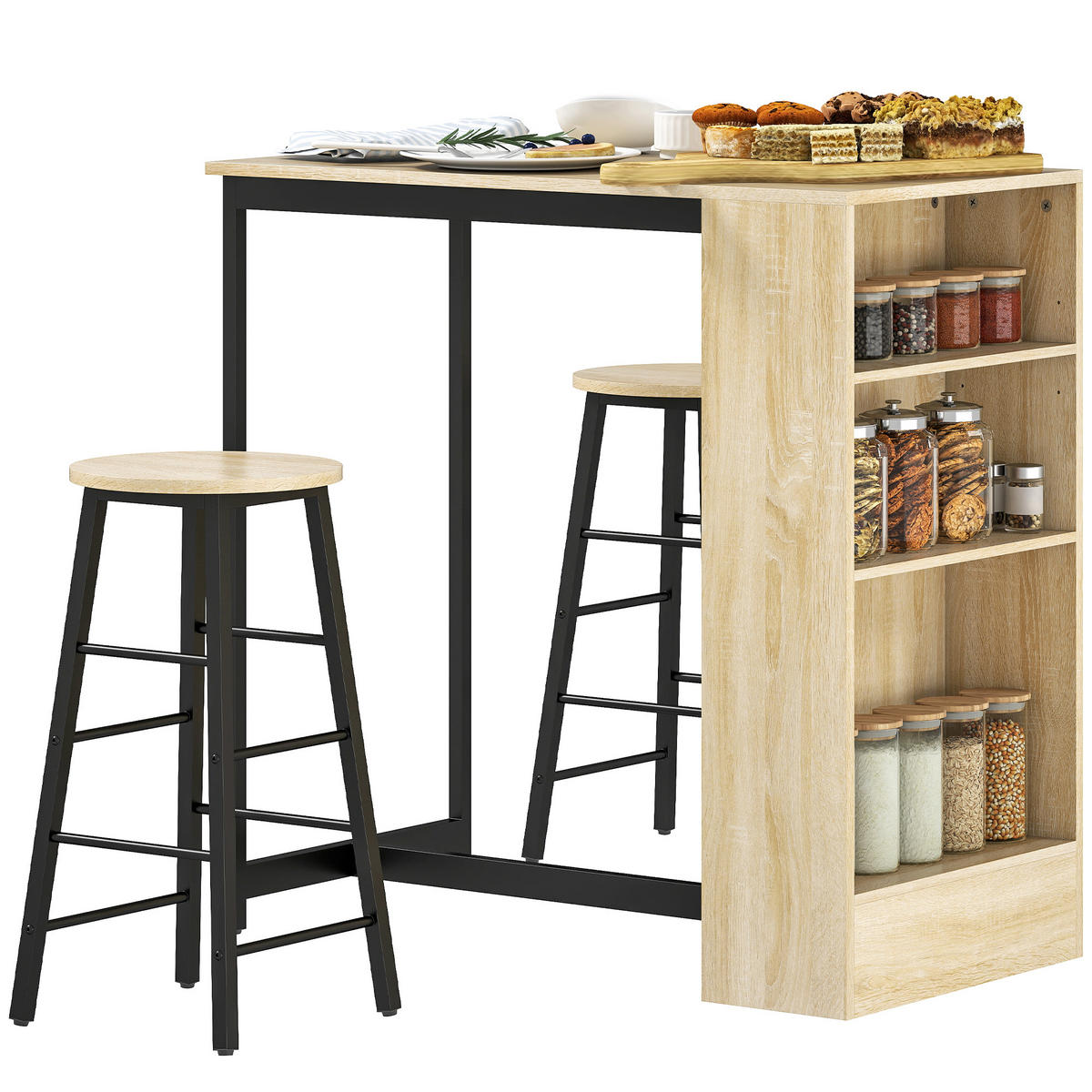 BARTISCH-SET DE-14758 mit 2 Hockern & verstellbarer Ablage Eiche/Schwarz - Eichefarben, Holzwerkstoff (91/49/91cm) - ComfortXL