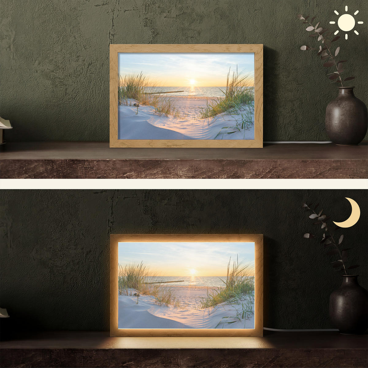 STOLNÍ LAMPA Pláž - Slunce - Duna - Tráva - Písek - Horizont 30x20 cm - koňaková, kompozitní dřevo (8/30/20cm) - OnlyWow