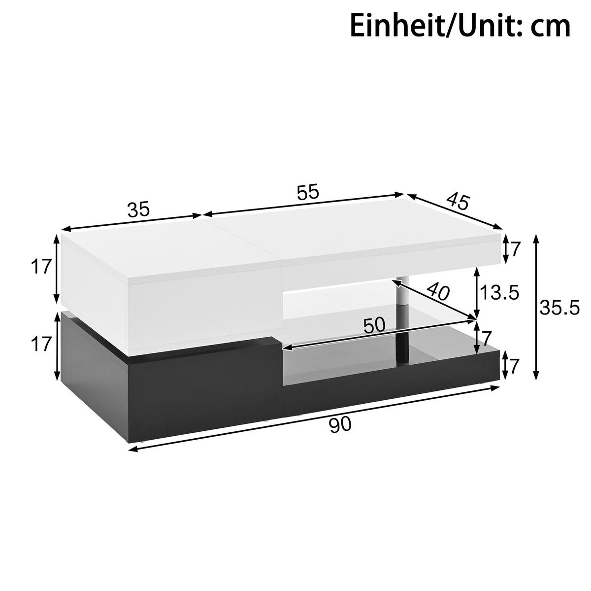 KONFERENČNÍ stolek 90/45/35,5 cm černá/bílá z dřevotřísky s LED osvětlením a skleněnou policí - bílá, kompozitní dřevo (90/45/35.5cm) - OKWISH