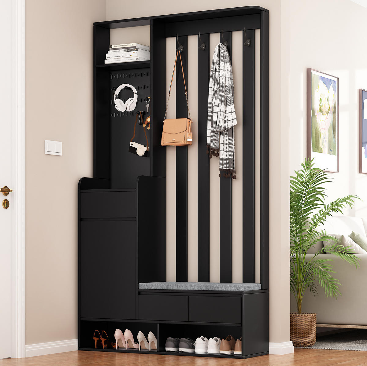 PŘEDSÍŇOVÁ stěna 180/100/35 cm černá z MDF s lavicí a perforovanou deskou - černá, kompozitní dřevo (100/180/35cm) - OKWISH
