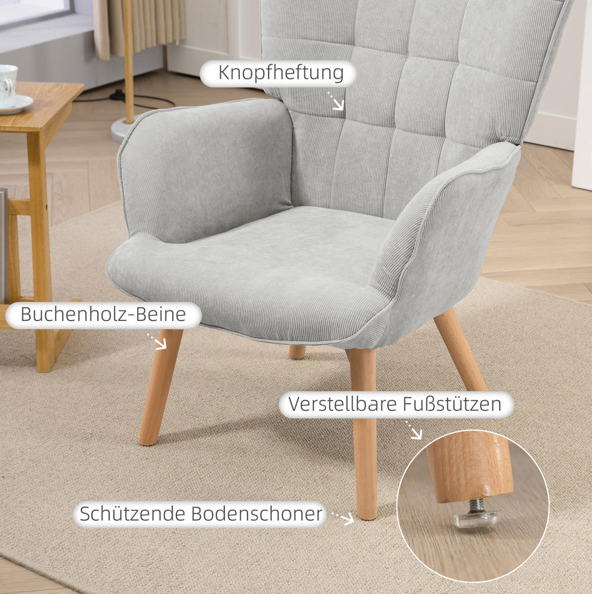 KŘESLO s podnožkou 72/80/101 cm šedé z polyesteru s taburetem a dřevěnými nohami - šedá, textil (72/101/80cm) - OKWISH