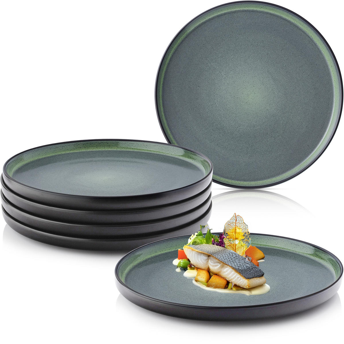 SPEISETELLER SET MALMÖ - 6 teilig aus Steingut - Grün, Stein (27cm) - Sänger