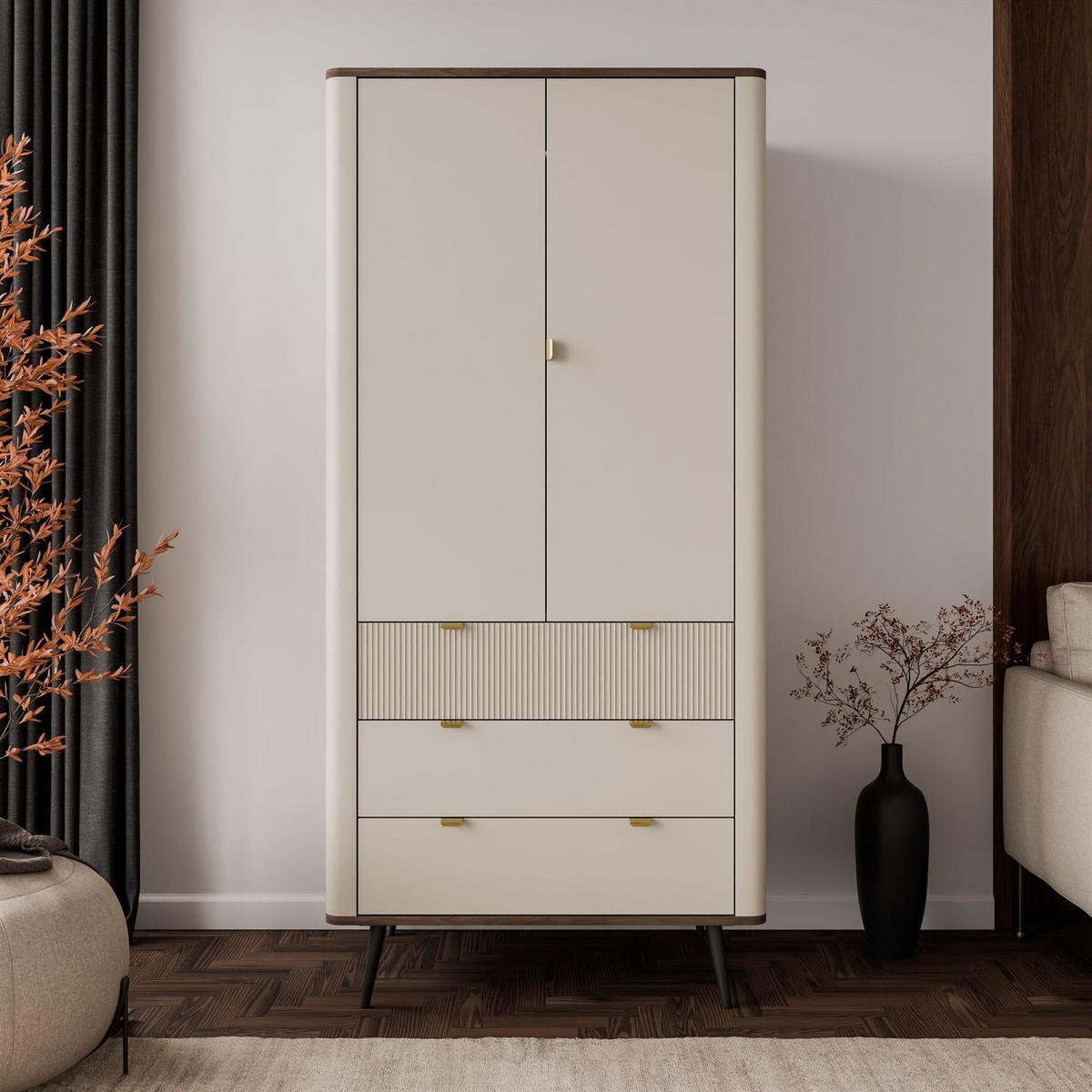 KLEIDERSCHRANK AUTUMN 2D3S zweitürig mit Schubladen, Kaschmir / Nussbaum - Beige, Holzwerkstoff (90/191/40cm) - Lookway