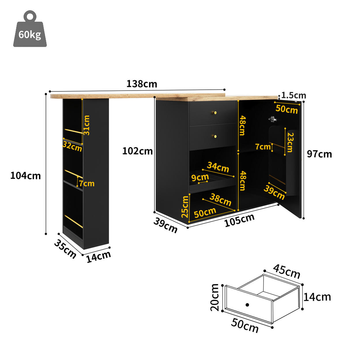 DREHBARER Bartisch/Schrank aus MDF, 105/39/102 cm + drehbares Regal, Schwarz, mit 4 Schubladen - Schwarz, Holzwerkstoff (39/102/105cm) - Redom