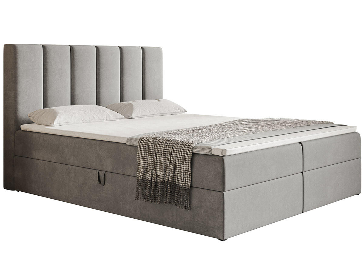 BOXBETT Bonio I 140/200 cm in Grau – mit Bettkasten und Topper - Hellgrau/Schwarz, Holz/Holzwerkstoff (140/200cm) - AX Living