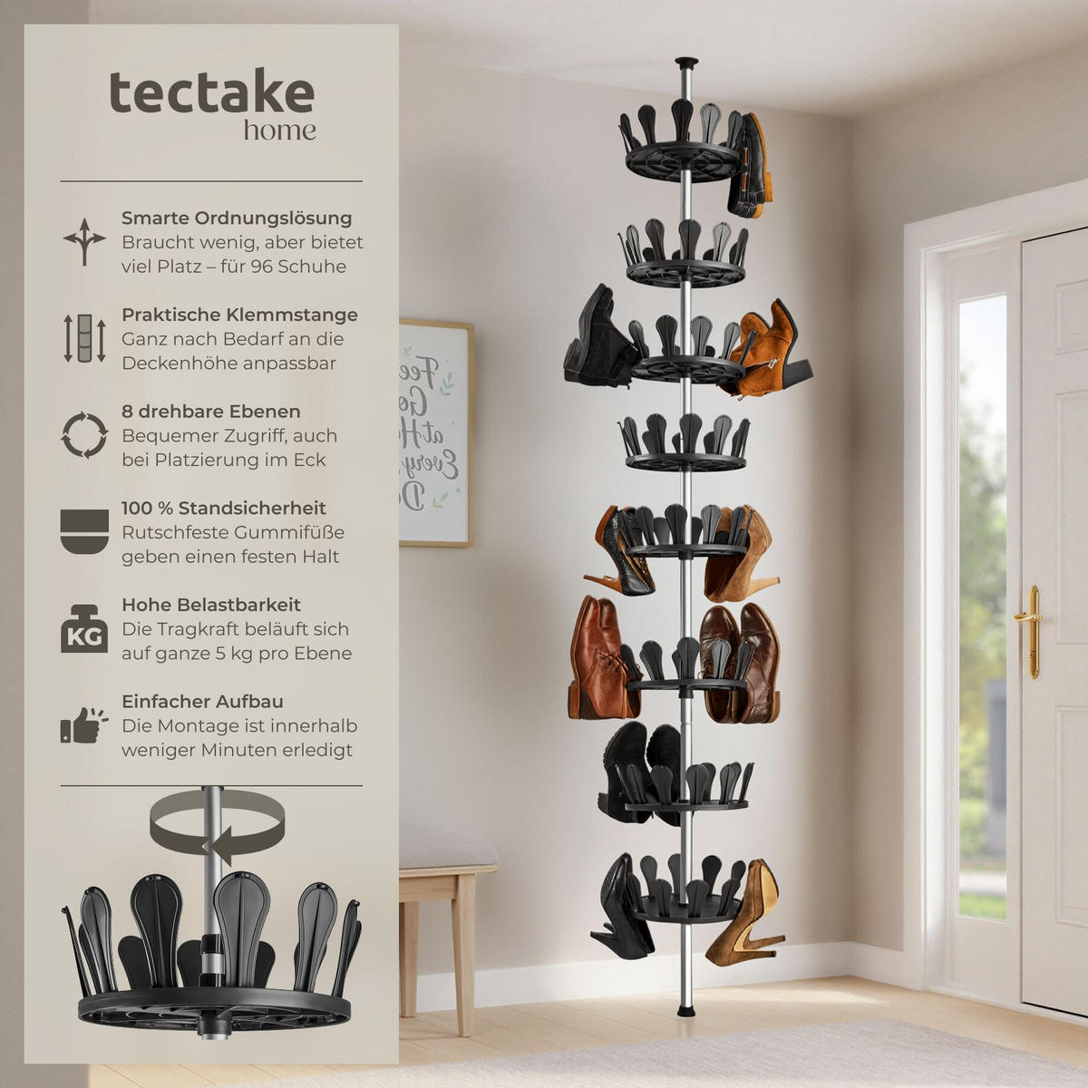 SCHUHKARUSSELL , 26,5 x 100-300 cm, schwarz - Schwarz, Metall (26.5/300/26.5cm) - tectake