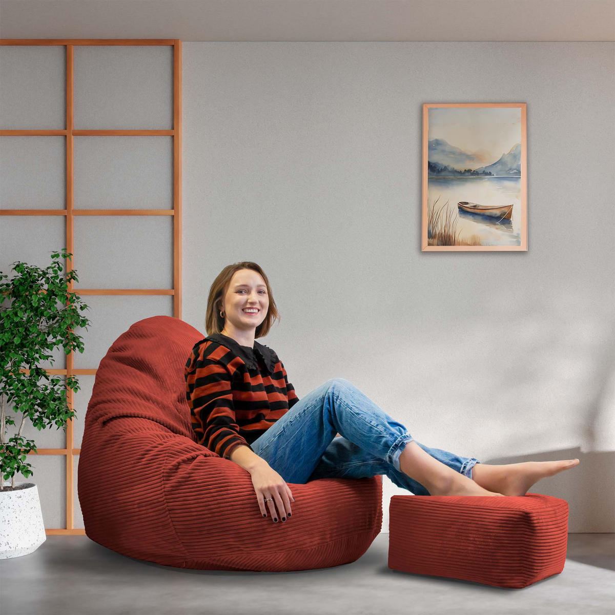 SITZSACK PARADISE MIT FUßSTÜTZE Kordsamt 2-tlg Fired Brick M - Bordeaux, Textil (90/100/90cm) - Dreamroots