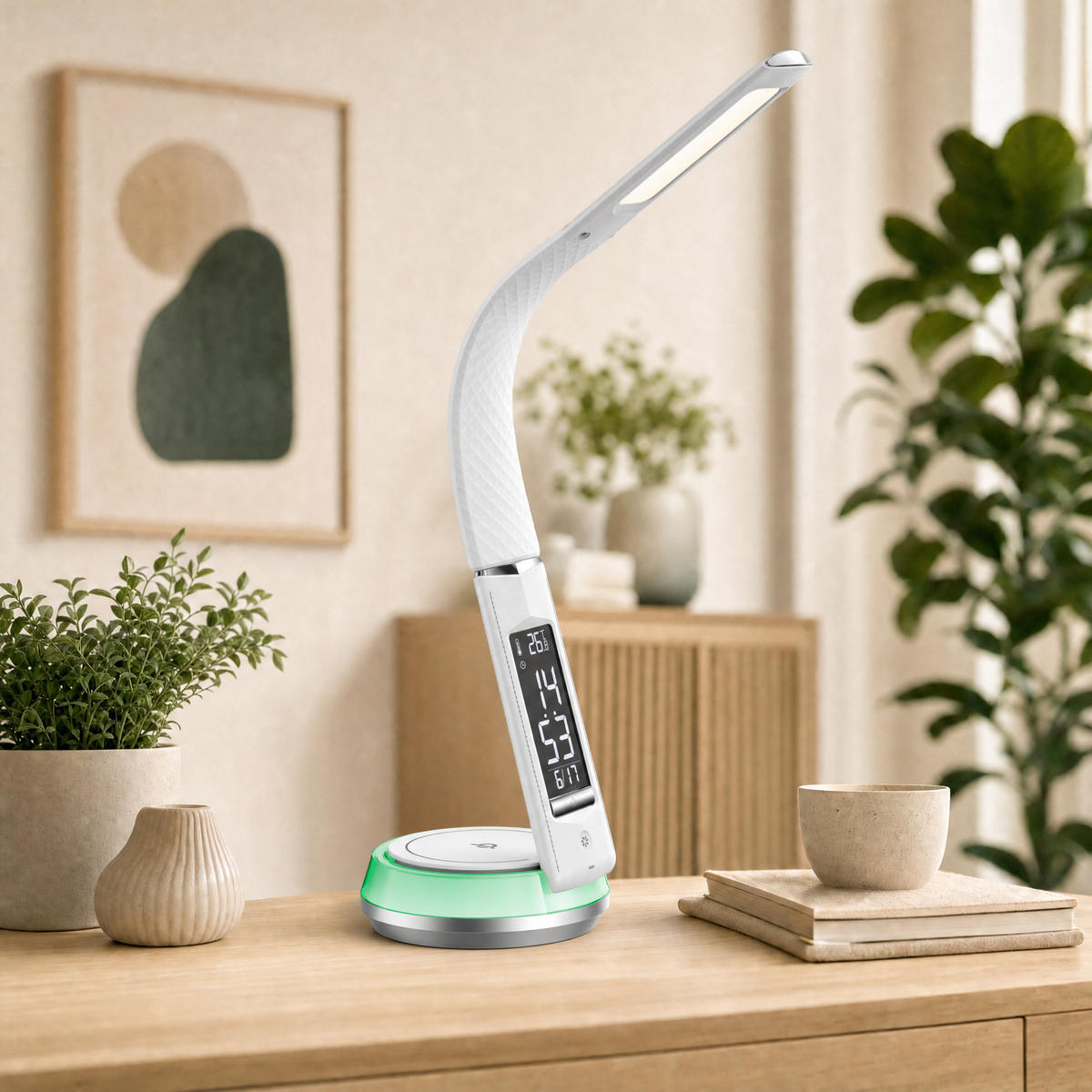 LED-SCHREIBTISCHLAMPE - mit drahtloser QI-Ladestation, Touch-Dimmer und integrierter Uhr für modernes Arbeiten - Weiß, Kunststoff (13.7/13.7/54.5cm) - Northpoint
