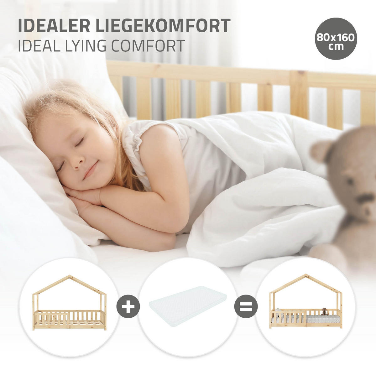HAUSBETT 80x160 cm Natur aus Kiefernholz mit Rausfallschutz - Beige, Holz (80/160cm) - ML-DESIGN